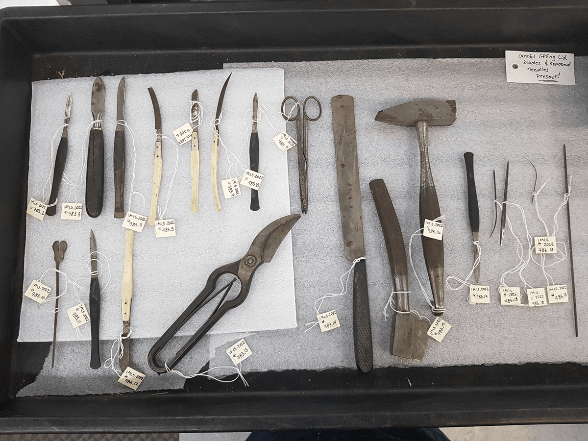 Veterinarian instrument case composed of 17 tools, including surgical blades, pliers and more.