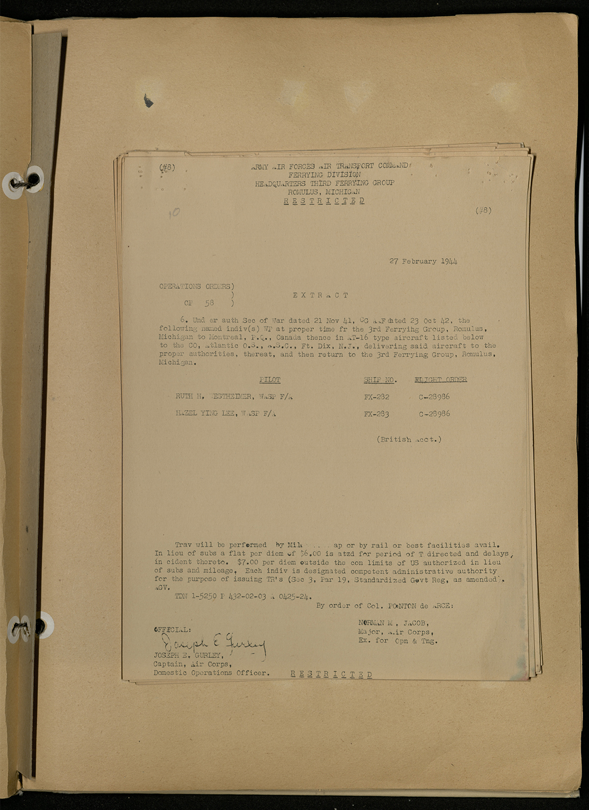 travel orders for Westheimer and Hazel Lee from Romulus to Montreal