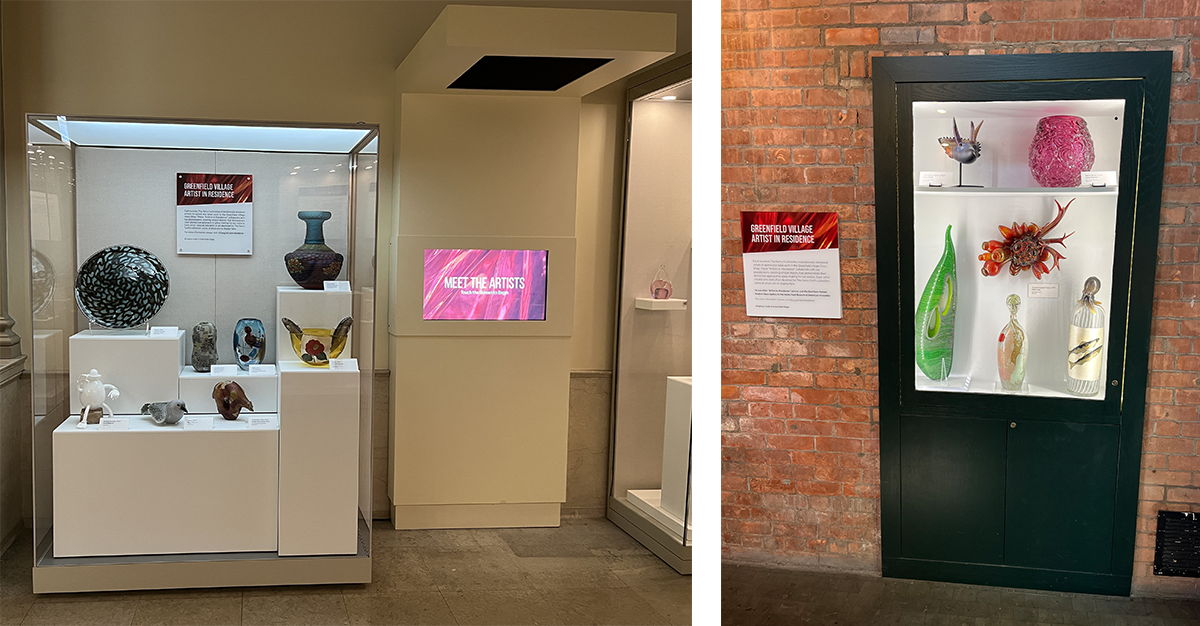 two images of decorative glass art in tall cases