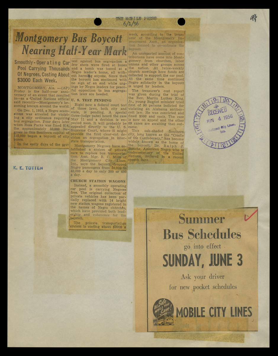 Page from the Montgomery Bus Boycott Scrapbook created by Charles H. (Homer) Cummings, November 1955-April 1957