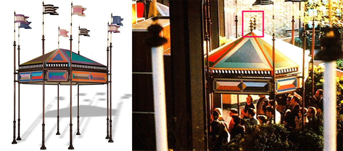 Left image: The kiosk at The Henry Ford. Right image: The two finials are present during the 1964 New York World’s Fair.