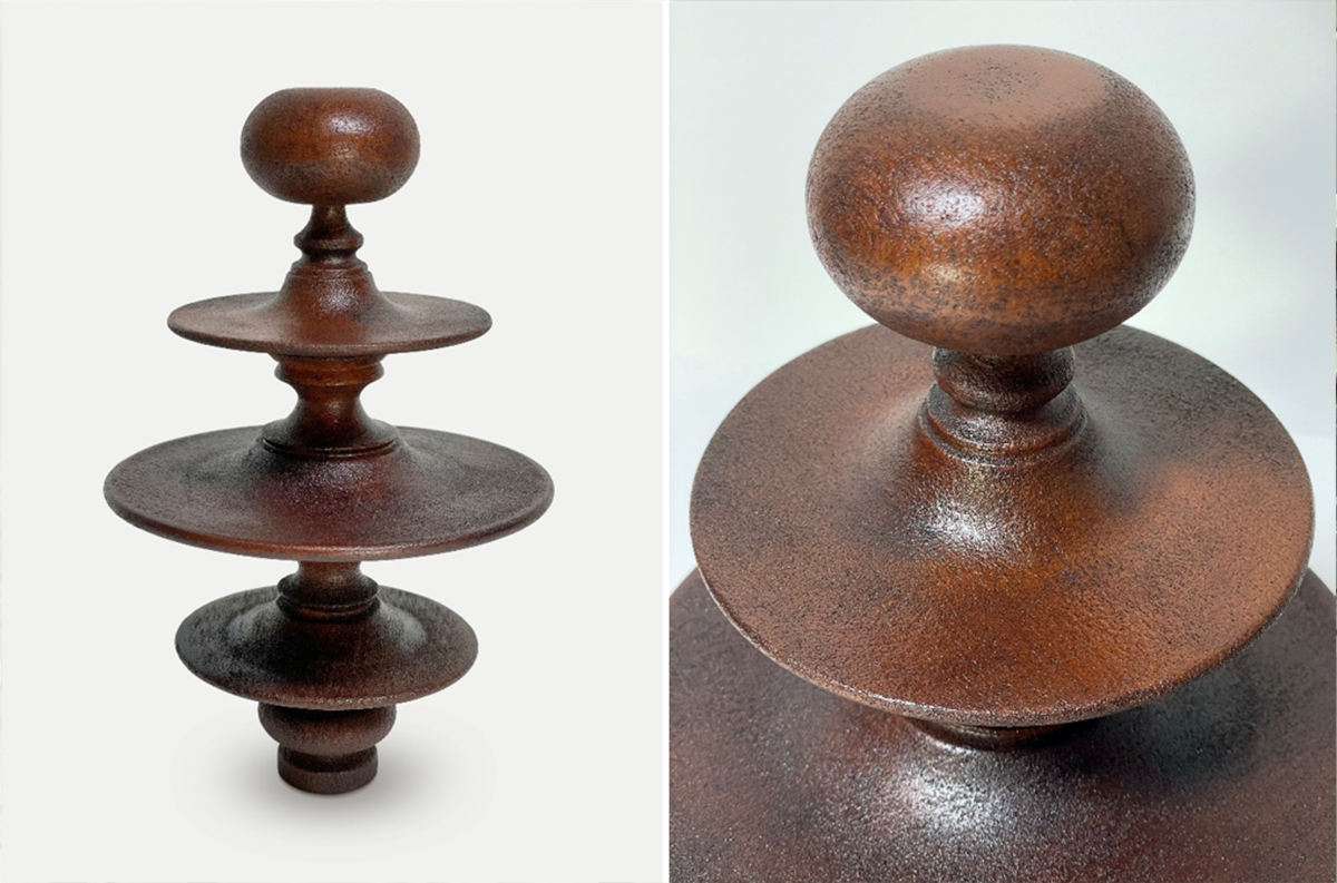 Photographs of the printed finials after the application of a stain. The images were provided by Desktop Metal, Inc..