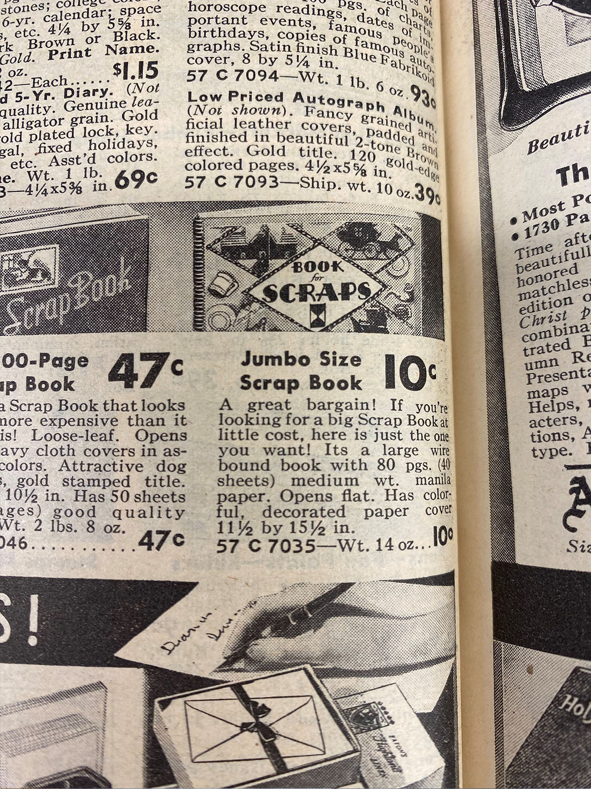 Advertisement for a ready-made blank scrapbook, Montgomery Ward 1938 catalog. P.B. 1938