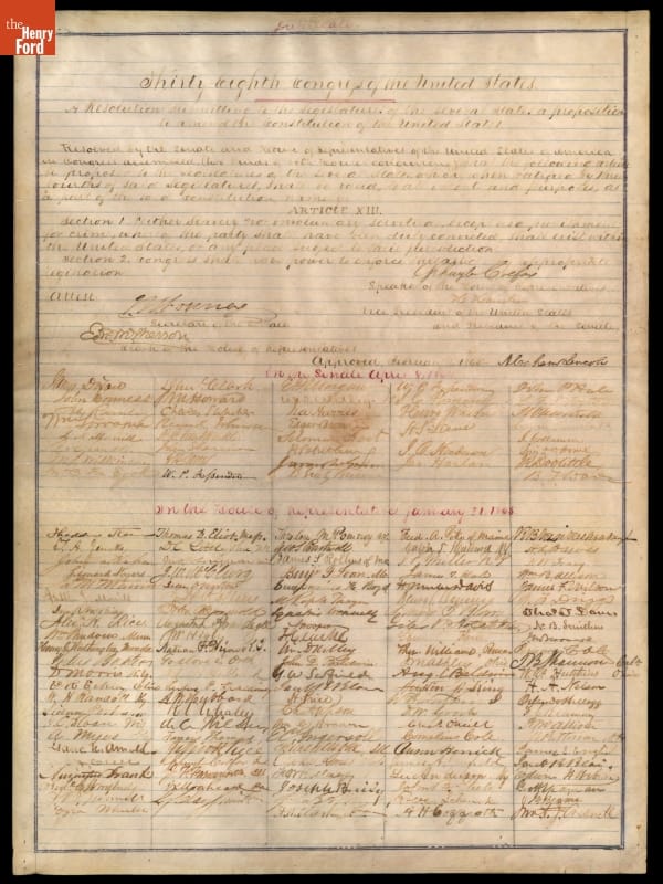 Joint Resolution of the United States Congress, Proposing the 13th Amendment to Abolish Slavery, 1865 Page with handwritten text and many signatures at the bottom