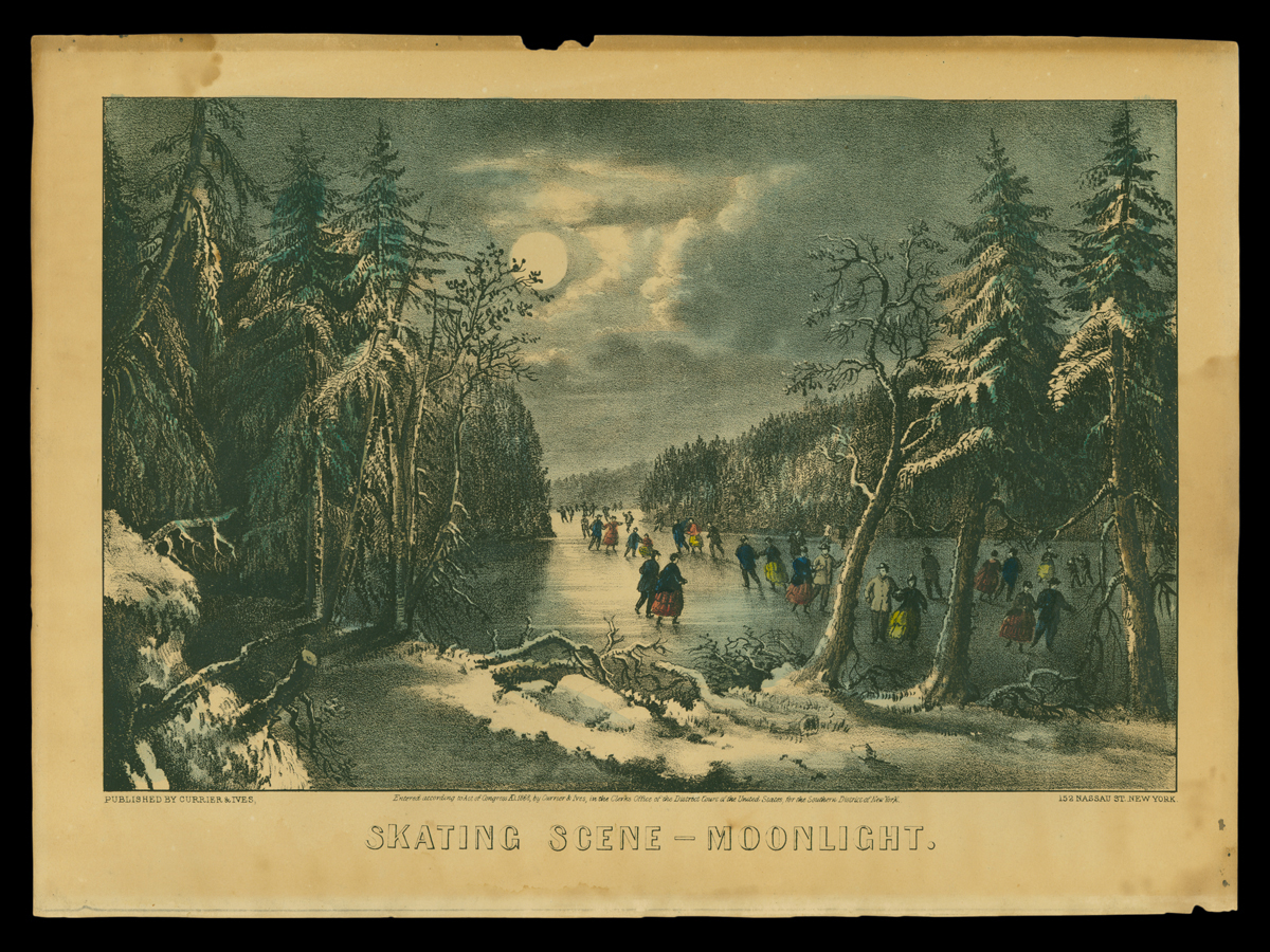 Currier & Ives published this lithograph in 1868 of skaters on a frozen lake or pond at night, skating by moonlight.