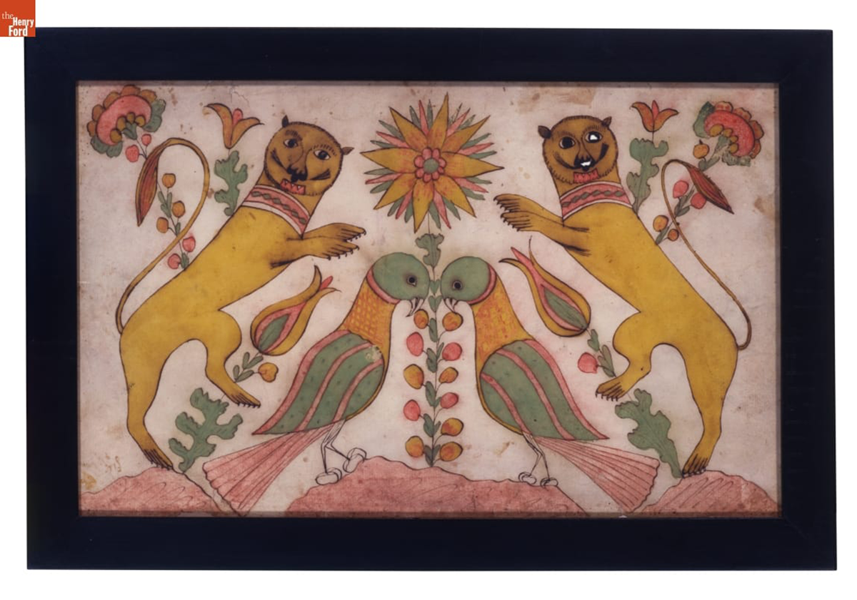 Confronted Lions and Birds, 1800-1820, made by Daniel Otto, (active c. 1792-1822) Haines Township, Centre County, Pennsylvania, pen and ink and watercolor on woven paper, 00.3.3038