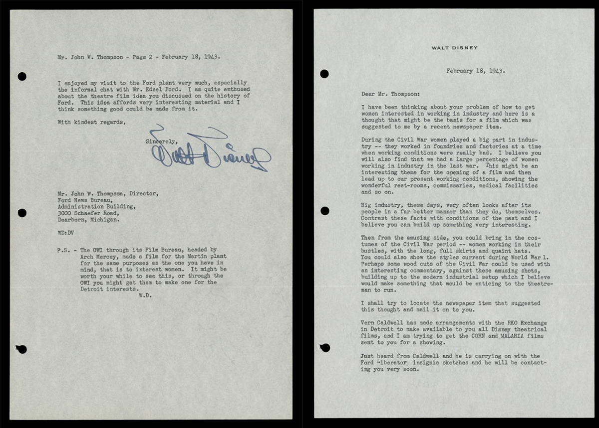 Letter from Walt Disney regarding Making a Ford Motor Company War Work for Women Film, February 18, 1943.