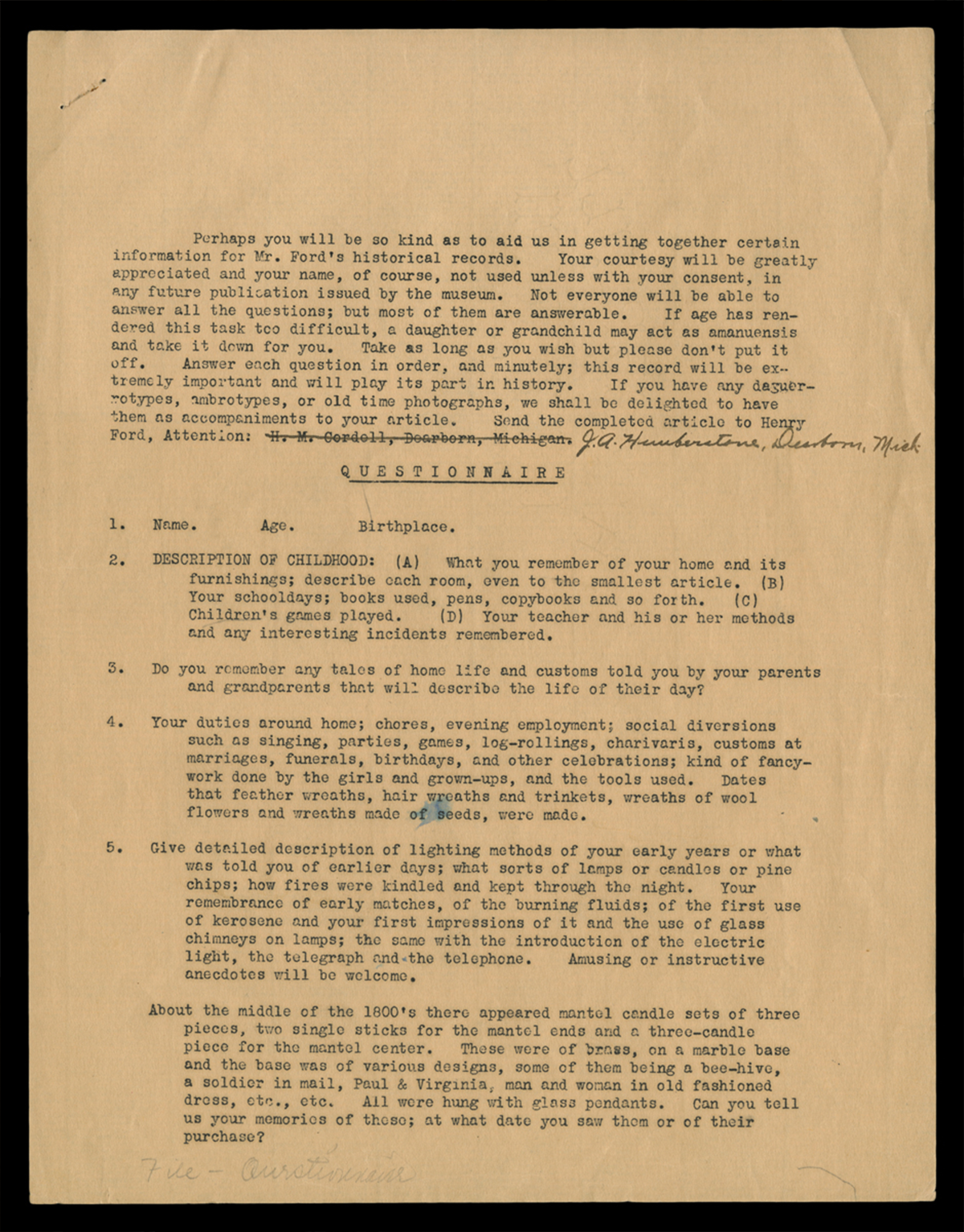 Questionnaire for Edison Institute Historical Records, 1929 (Page 1) 