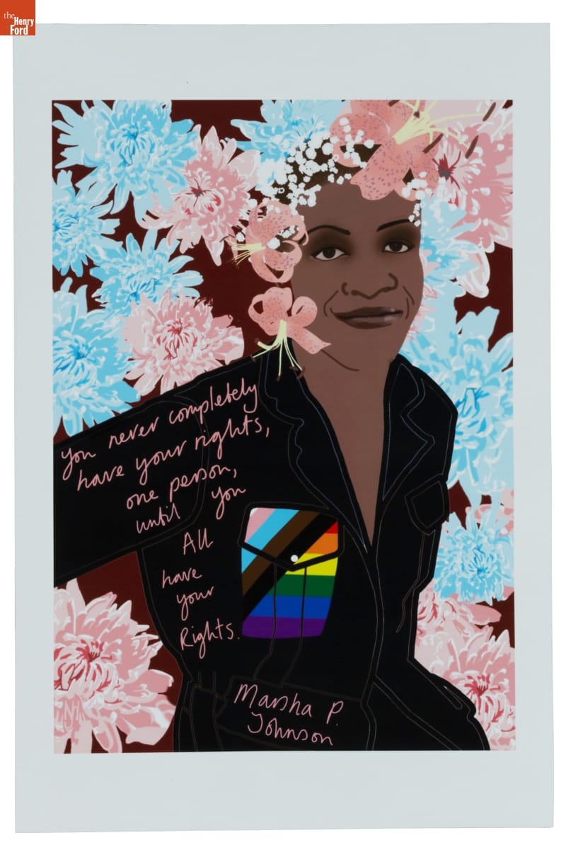 Marsha P. Johnson New Pride Flag, Poster with illustration of person wearing black jacket with rainbow pocket among blue and pink flowers; also contains text