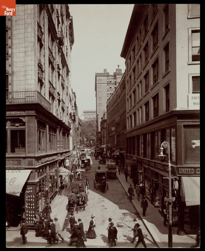 Bromfield Street, from Washington, Boston, Massachusetts, circa 1908 Street scene with pedestrians and carriages; tall buildings line both sides of street