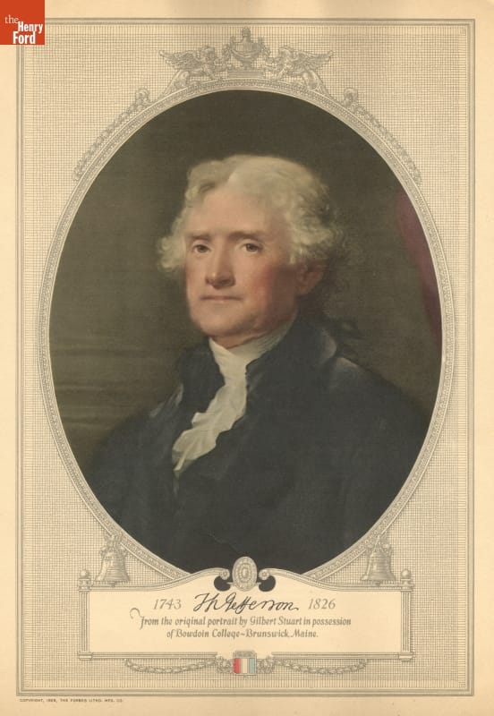 Portrait of Thomas Jefferson Oval portrait of white-haired man in black coat and white shirt on a page with decorative elements and text