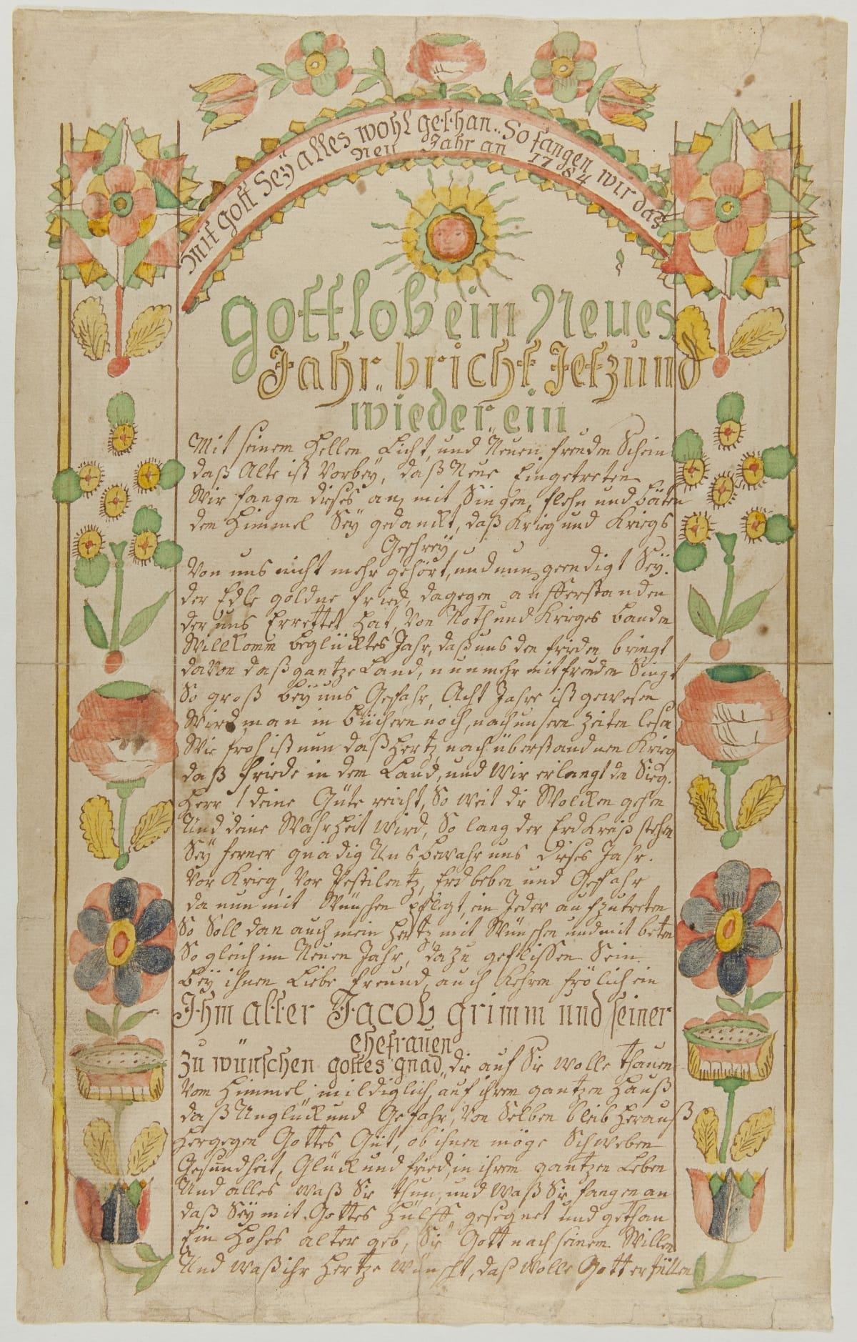 New Year’s Wish for Jacob Grimm and Family, 1784, made by Daniel Schumacher (active 1728-1787), worked in Berks, Lehigh, and Northampton Counties. 61.148.1