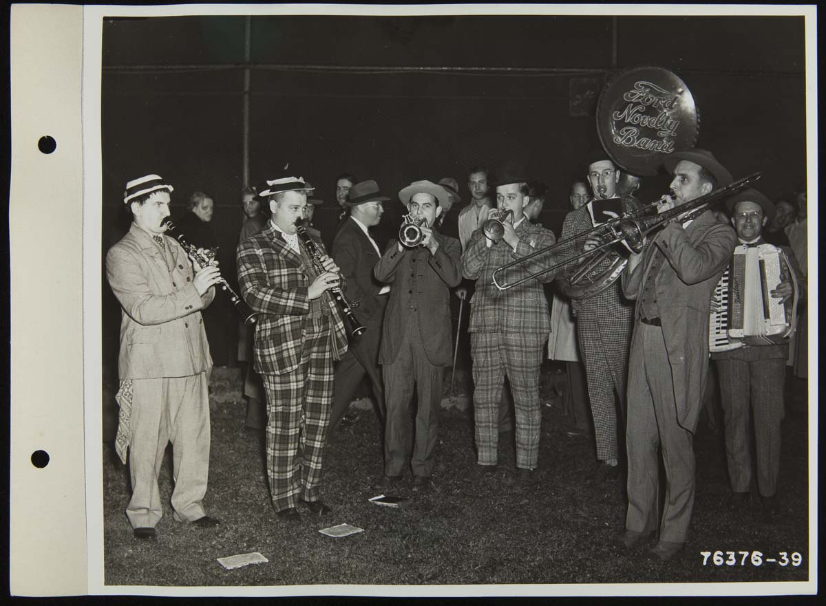 Ford Novelty Band Playing at Ford Baseball Team Game, 1941