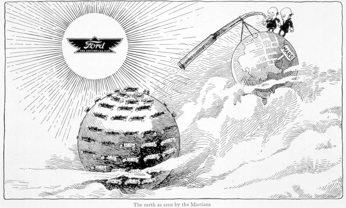 Illustration from the December 1913 issue of Ford Times, predating the 1924 Mars opposition. What if the tables were turned, with Mars observing Earth?