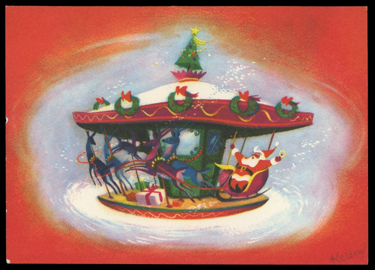 Christmas card, 1952. Christmas Carrousel. Artwork by Richmond 'Dick' Kelsey. 