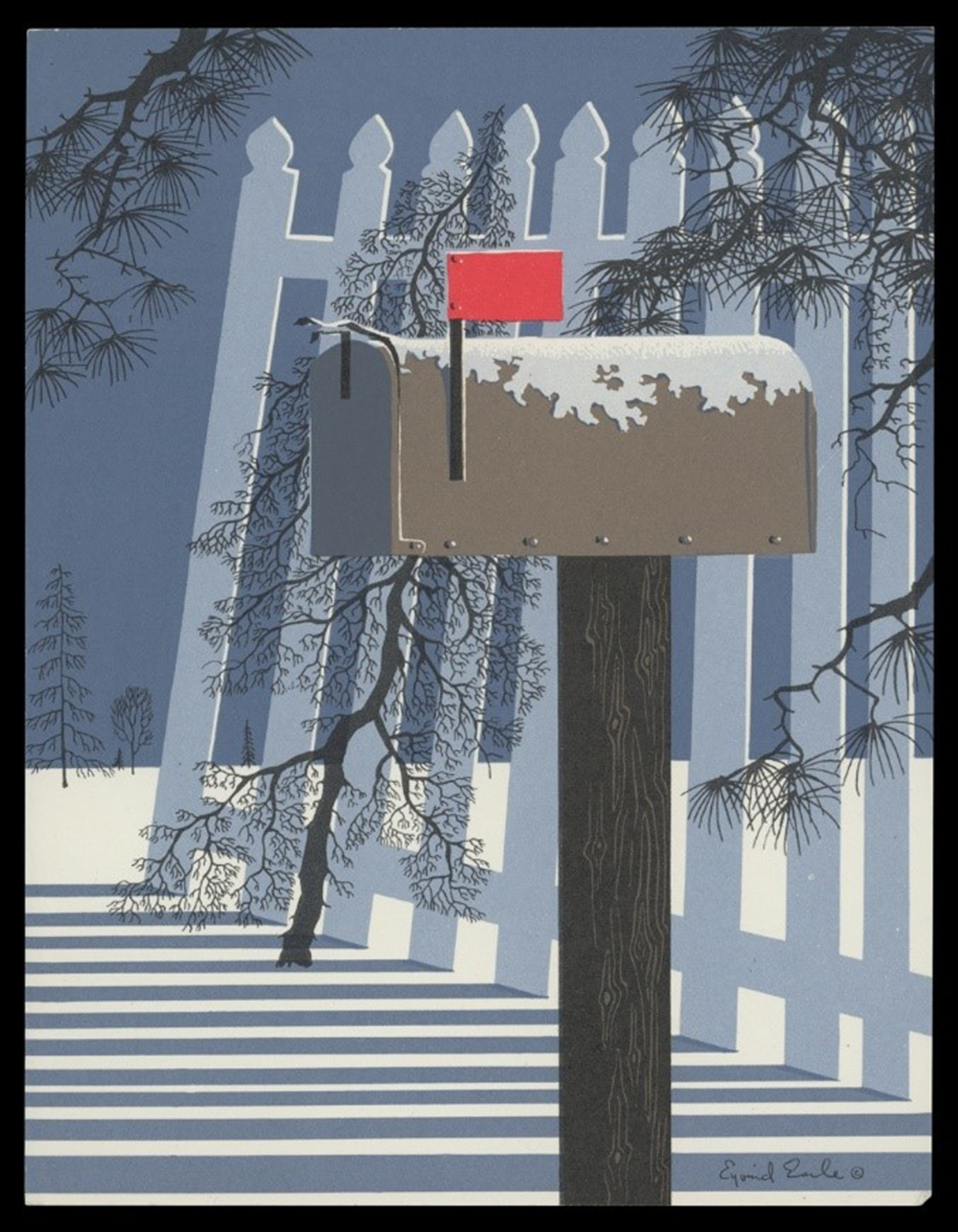 Christmas card, 1955. Mailbox in the Snow. Artwork by Eyvind Earle.