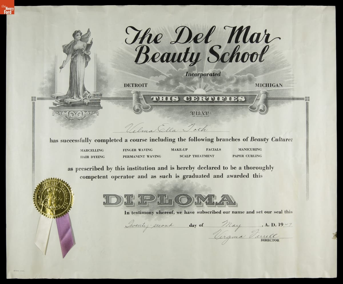 The Del-Mar Beauty School, Inc. Diploma Awarded to Velma Ella Toth, 1947