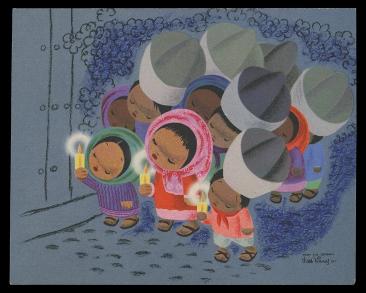 Christmas card, 1945. Procession of Children with Candles. Los Posadas.  Artwork by Mary Blair from the Walt Disney Film The Three Caballeros.