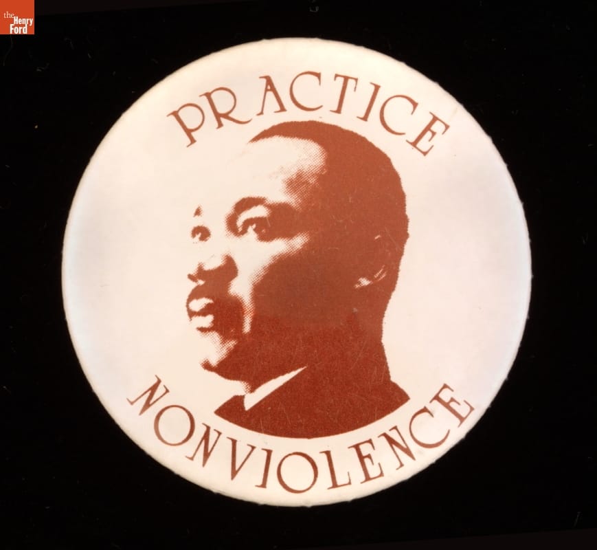 Button, 'Practice Nonviolence,' circa 1965, indicating support for Dr. Martin Luther King's nonviolent tactics.