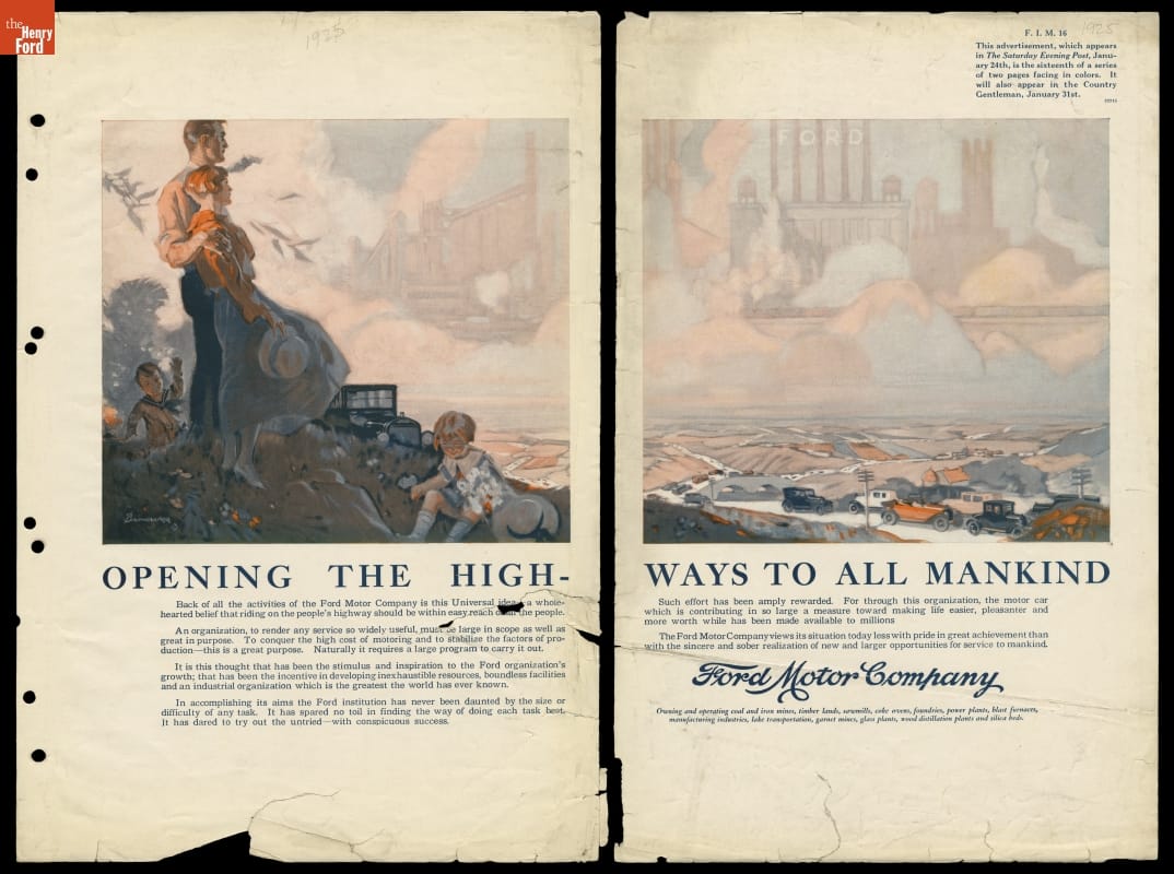 1924 Ford Motor Company Institutional Message Advertising Campaign, Two-page spread with text and image of family looking from a hill at a landscape, with a ghostly factory in the sky