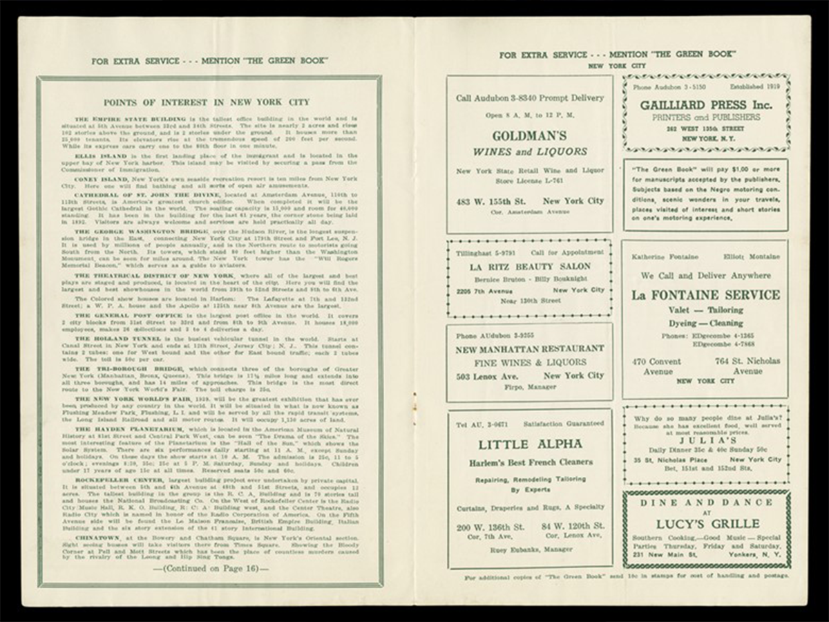 Guidebook, Negro Motorist Green Book, 1937 Edition, Complimentary Issue,page 6-7